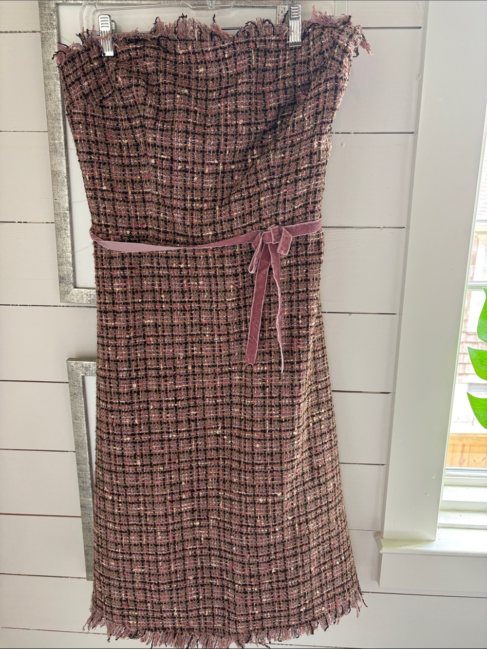 Strapless Pink Tweed Dress with Velvet Tie Belt